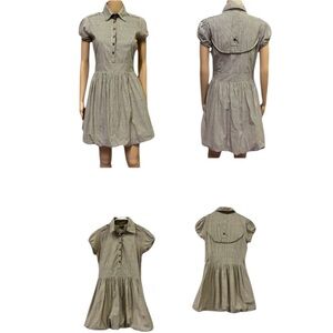 Dots Cotton Short Sleeve Bubble Hem Button Front Collared Striped Dress Small